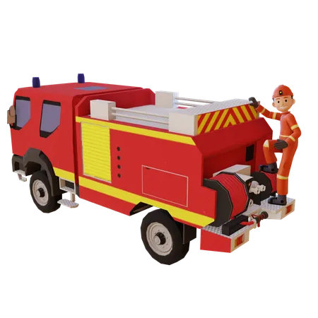 Firefighter Wearing Red Suit Uniform Standing With Fire Van  3D Illustration