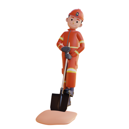 Firefighter Wearing Red Suit Uniform Standing With Shovel  3D Illustration