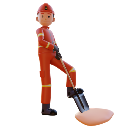 Firefighter Wearing Red Suit Uniform Standing With Shovel  3D Illustration