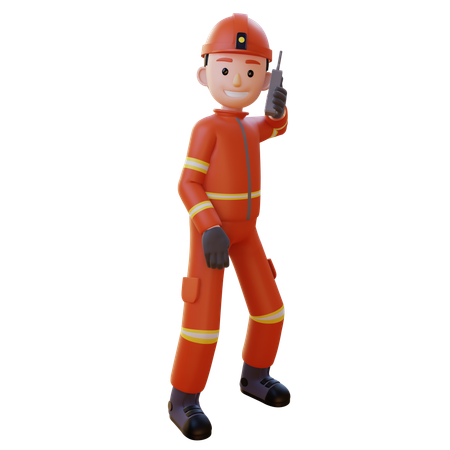 Firefighter Wearing Red Suit Uniform Talking On Walkie Talkie  3D Illustration