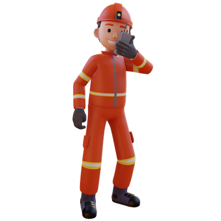 Firefighter Wearing Red Suit Uniform Talking On Walkie Talkie  3D Illustration