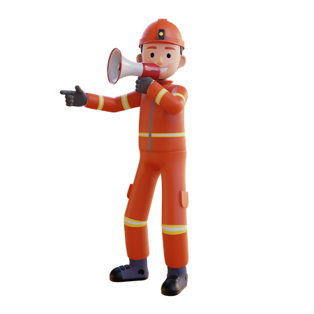 Firefighter Wearing Red Suit Uniform While Announcing Using Megaphone  3D Illustration