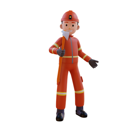 Firefighter Wearing Red Suit Uniform While Holding Axe  3D Illustration