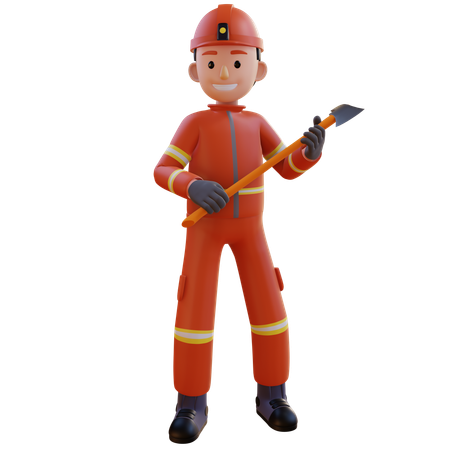 Firefighter Wearing Red Suit Uniform While Holding Axe  3D Illustration