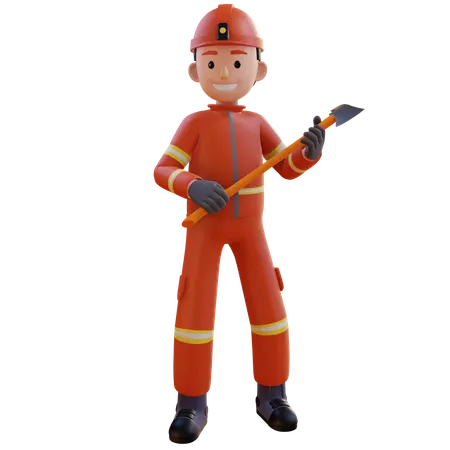 Firefighter Wearing Red Suit Uniform While Holding Axe  3D Illustration