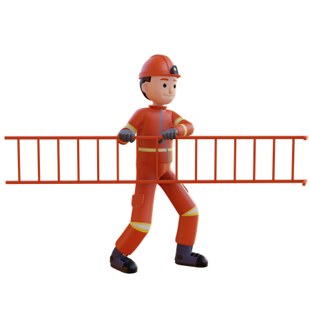 Firefighter Wearing Red Suit Uniform While Holding Ladder  3D Illustration