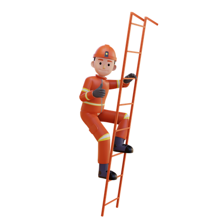 Firefighter Wearing Red Suit Uniform While Stepping Up On Ladder  3D Illustration