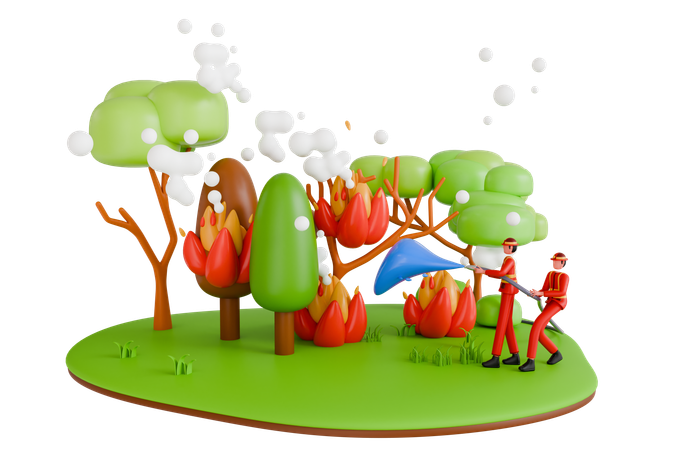 Firefighters Extinguishing Forest Fires  3D Illustration