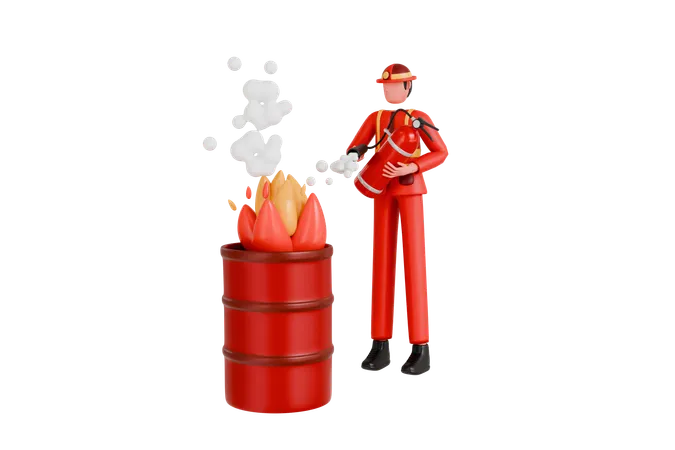 3 D Illustration Of Fireman Hold Extinguisher Wearing Uniform And Helmet Extinguish Fire 3 D Illustration 3D Illustration