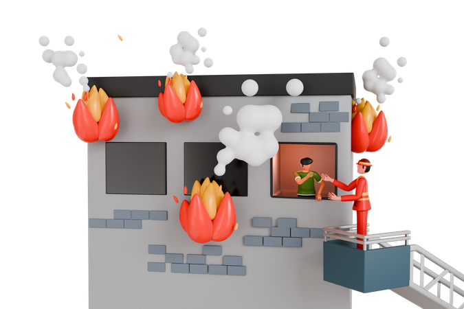Fireman Rescuing Man Trapped In Burning House  3D Illustration