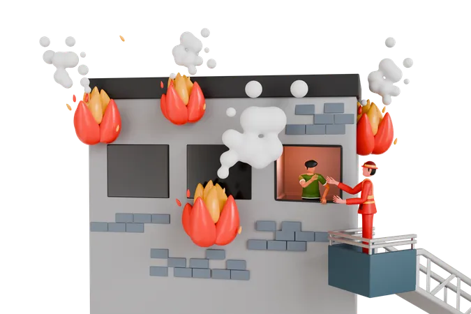 3 D Illustration Of Fireman Rescuing Man Trapped In Burning House Firefighter Rescue Man From Fire 3 D Illustration 3D Illustration