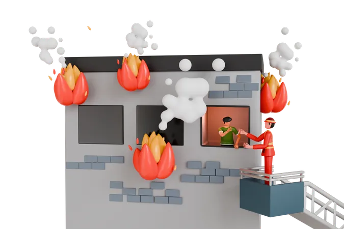 Fireman Rescuing Man Trapped In Burning House  3D Illustration