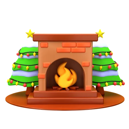Fireplace And Christmas Pine Tree  3D Icon