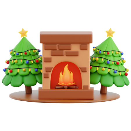 Fireplace And Christmas Pine Tree  3D Icon