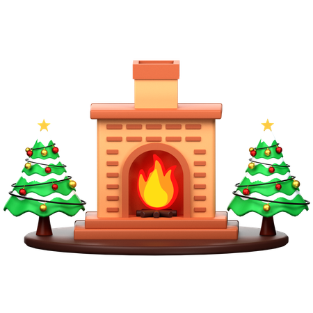 Fireplace And Christmas Pine Tree  3D Icon