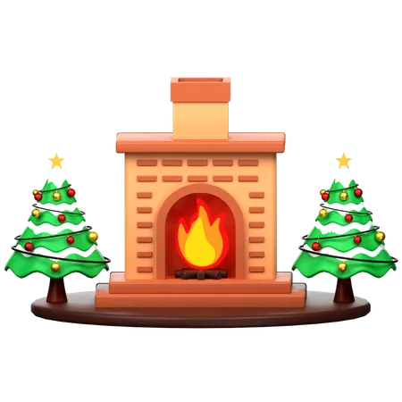 Fireplace And Christmas Pine Tree  3D Icon