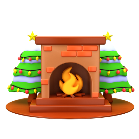 Fireplace And Christmas Pine Tree  3D Icon