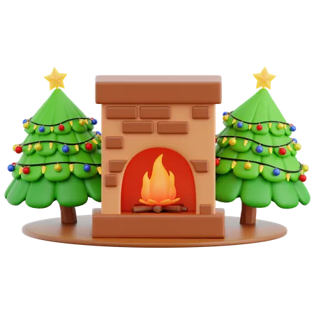 Fireplace And Christmas Pine Tree  3D Icon