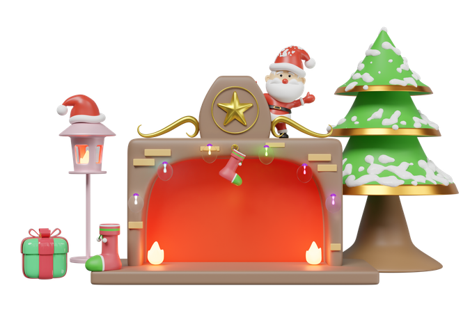 Fireplace With Santa Claus  3D Illustration