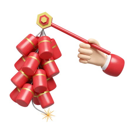 3 D Hand Holding Hanging Firecrackers For Chinese New Year Holiday 3 D Render Illustration 3D Icon