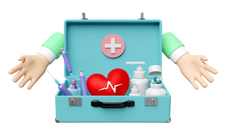 3 D Hand With Blue First Aid Kit Open Icon Medical Equipment Isolated 3D Icon