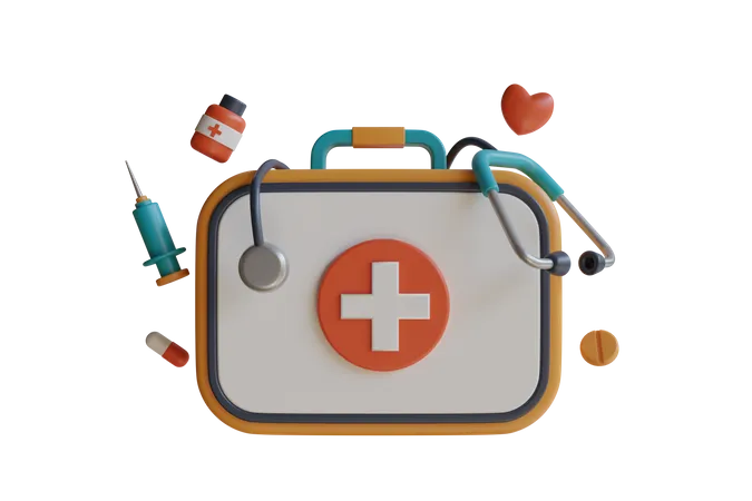 3 D Illustration Of First Aid Kit Bag First Aid Kit With Drugs Syringe Pill Box Stethoscope And Vaccine 3 D Illustration 3D Illustration
