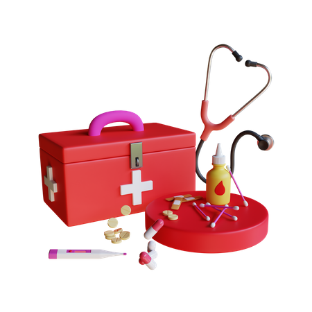 First Aid Kit With Stethoscope 3D Illustration