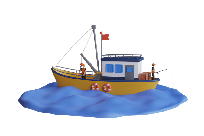 Fishermans in boat  3D Illustration