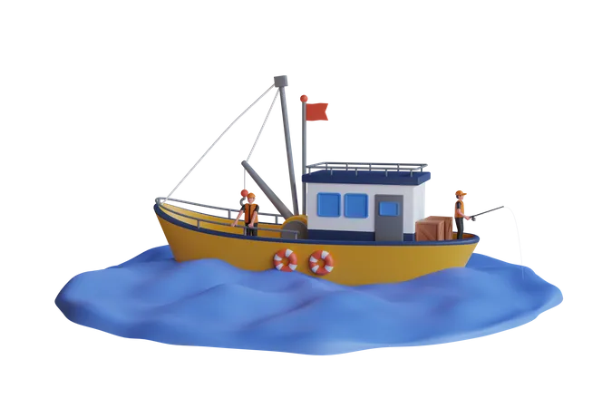 Fishermans in boat  3D Illustration