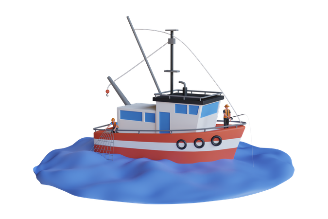 Fishing boat and fisherman  3D Icon