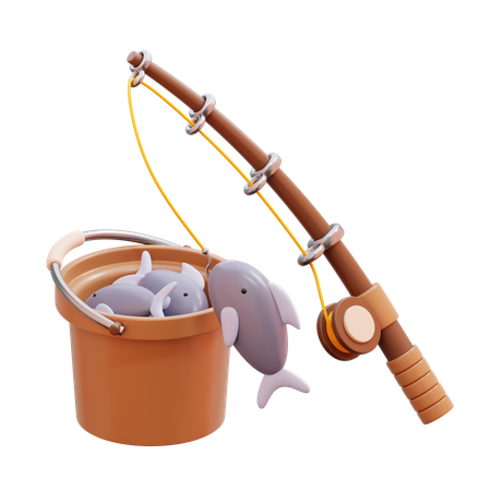 Fishing Rod And Bucket With Fish  3D Icon