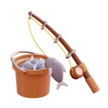 Fishing Rod And Bucket With Fish  3D Icon