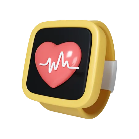 3 D Smartwatch And Heart Line Fitness Inventory Or Gym Accessories In Trendy Colors Icon Isolated On Yellow Background 3 D Rendering Illustration Clipping Path 3D Icon
