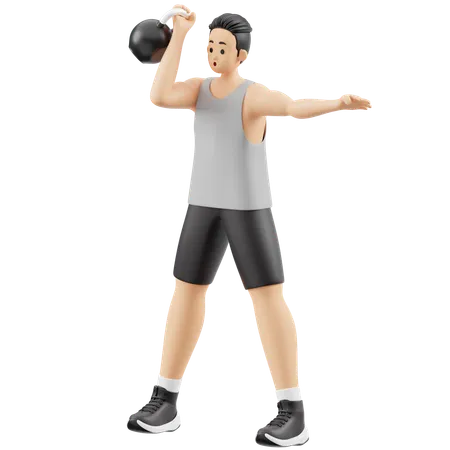 Fitnessstudio-Mann macht Aufwärmübungen mit Kettlebells  3D Illustration