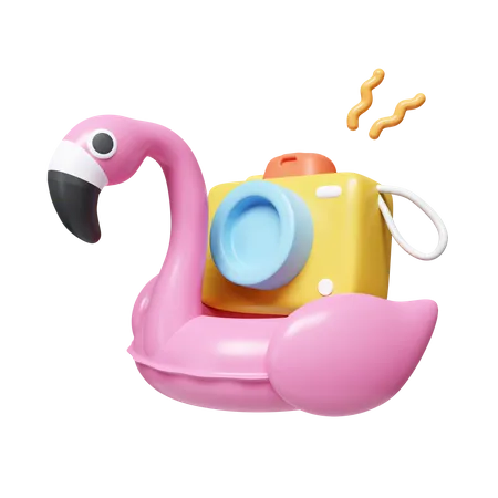 3 D Pink Flamingo Float And Camera Summer Vacation And Holidays Concept Icon Isolated On White Background 3 D Rendering Illustration Clipping Path 3D Icon