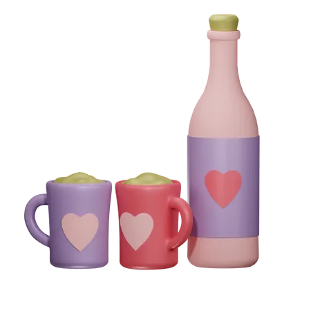 Flasche Wein und Tassen  3D Illustration