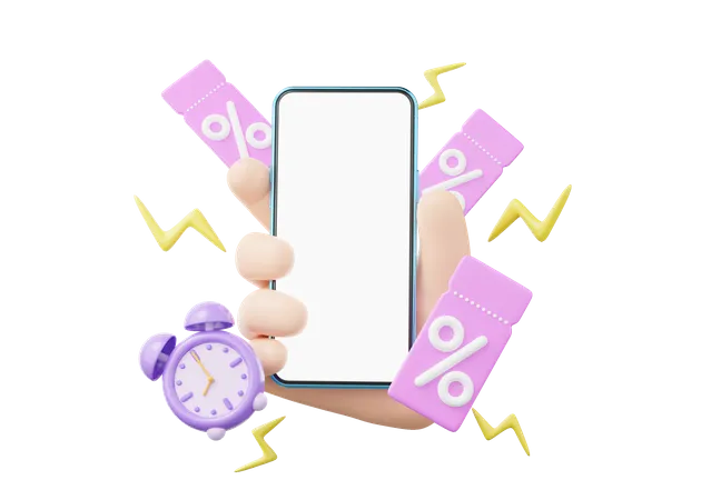 3 D Hand Hold Smartphone Alarm Clock Discount Price Tag Floating On Transparent Mobile Phone Blank Screen Special Offer Time Flash Sale Promotion Concept Cartoon Minimal Smooth 3 D Rendering 3D Icon