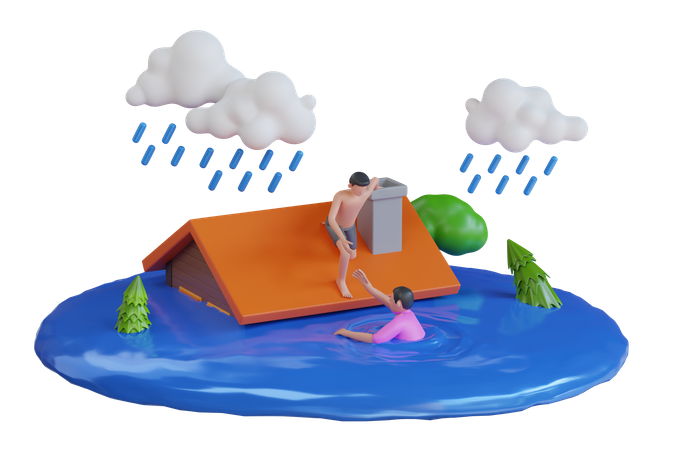 Flood in town  3D Illustration