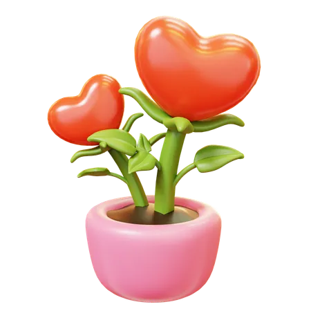 Cute Cartoon 3 D Heart Flower In A Pot Happy Valentines Day Anniversary Wedding Love Concept 3D Icon