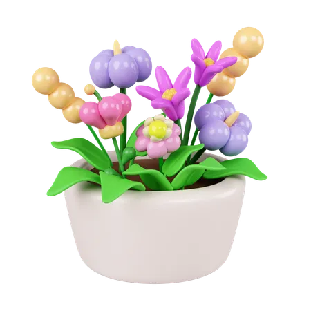 3 D Colorful Flower In Plant Pot Floral Arrangement Garland Icon Isolated On White Background 3 D Rendering Illustration Clipping Path 3D Icon