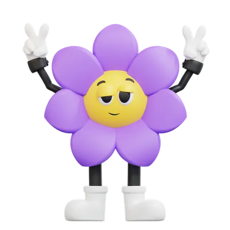 Flower Retro Character Peace Pose  3D Illustration