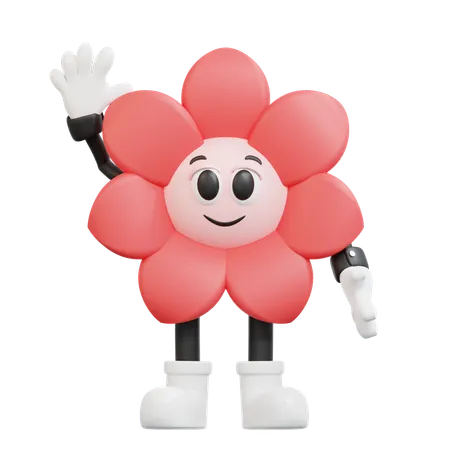 Flower Retro Character Waving Hand  3D Illustration