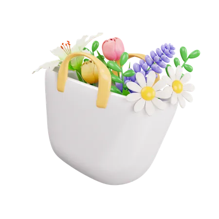 3 D Bag With Spring Flowers Colorful Spring Bouquet Floral Arrangement Garland Icon Isolated On White Background 3 D Rendering Illustration Clipping Path 3D Icon