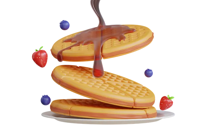 Fluffy Pancake With Honey Butter Toppings 3 D Illustration Of Honey Pouring On Thick And Crispy Toaster Waffles With Falling Berry Fruits 3D Icon