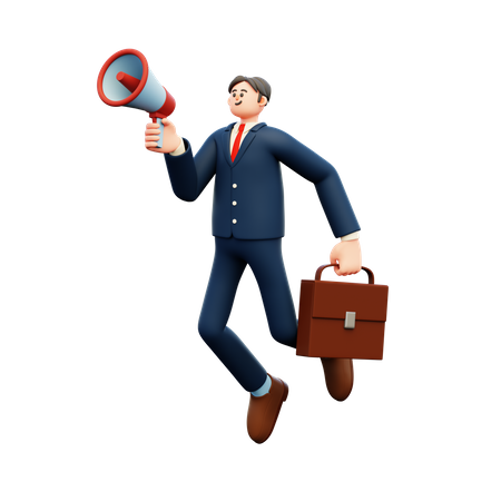 Flying Businessman Holding A Speaker  3D Illustration