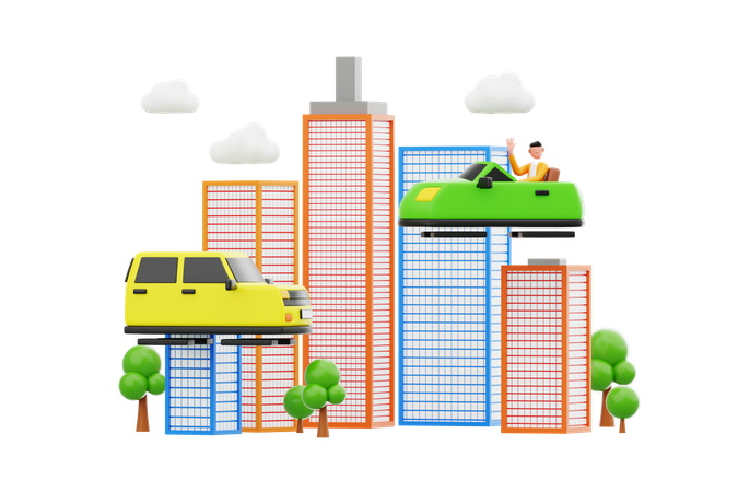 Flying Cars Above Futuristic City  3D Icon