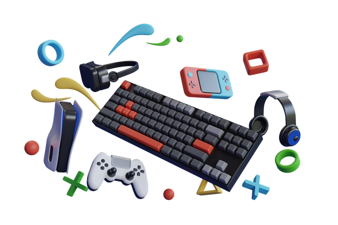 Flying gamer gears like mouse, keyboard, joystick, headset, VR Headset  3D Illustration