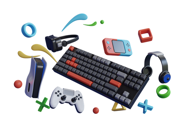 Flying gamer gears like mouse, keyboard, joystick, headset, VR Headset 3D Illustration