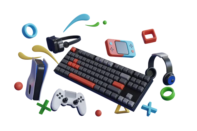 Engrenagens de jogadores voadores como mouse, teclado, joystick, fone de ouvido, fone de ouvido VR  3D Illustration