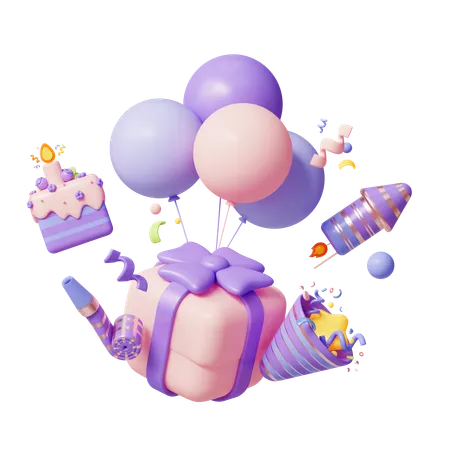 A Gift With A Festive Decoration Gift Party Popper Baloon 3D Icon